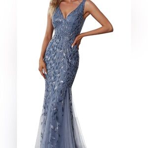 🩵Sequin Double V-Neck Sleeveless Mermaid Long Evening Dress 👗